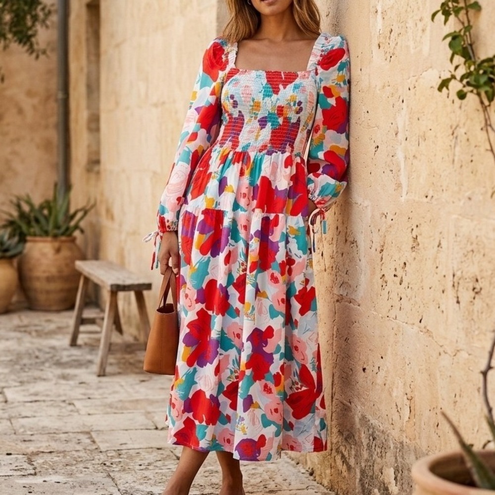 SundayUp Womens Floral Smocked Maxi Dress Long Puff Sleeve Tiered Multicolor LG